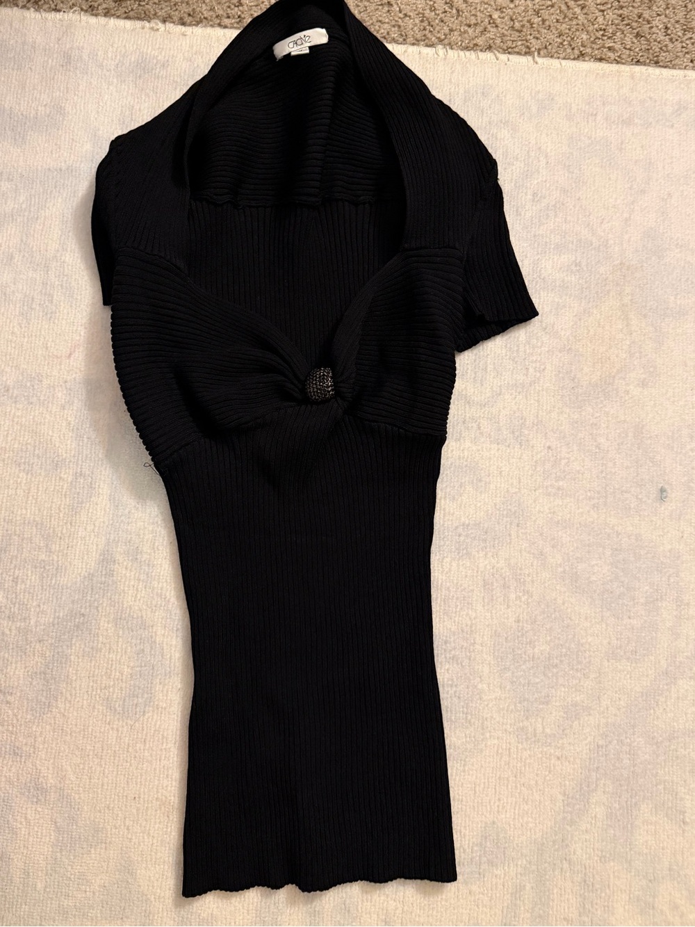 Y2K Cache Black Ribbed Knit Sweater Top with Crystal Accent - Picture 2 of 5